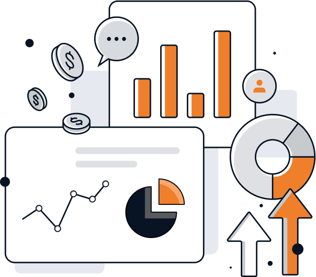 A stylized illustration showing bar and pie charts, coins, upward arrows, and speech bubbles, representing financial growth, data analysis, and business communication.