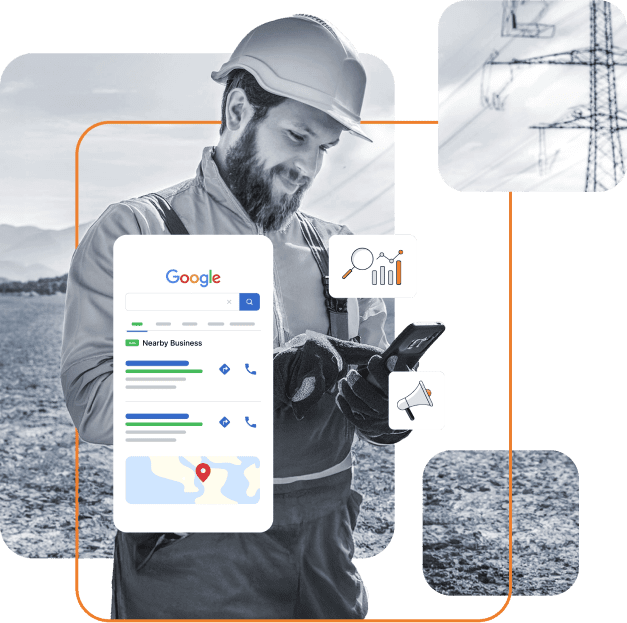 A man in a hard hat and work clothes uses a smartphone outdoors; overlaid are graphics of a Google search, a map, charts, a megaphone, and electric power lines in the background.