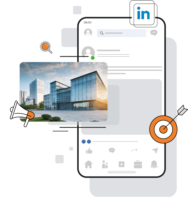 A collage showing a modern glass office building overlaid on a stylized LinkedIn social media interface with icons of a megaphone, search, and a target with an arrow.