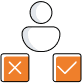 Simple icon of a person above two boxes; the left box has an orange background with a white X, and the right box has an orange background with a white check mark.
