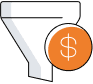 A simple illustration of a funnel with an orange circle featuring a white dollar sign inside it, symbolizing financial conversion or sales funnel.