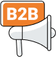 A white megaphone with an orange sign displaying B2B in bold white letters, symbolizing business-to-business communications or announcements.