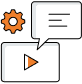 An icon showing two overlapping speech bubbles, one with a gear symbol and the other with a play button, both in orange, representing communication, settings, and media.