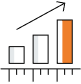 A simple bar chart with three bars increasing in height from left to right. The tallest bar on the right has an orange segment, and an arrow points upward from it, indicating growth.