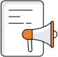 A simple illustration of a white document with three lines of text next to an orange and white megaphone, symbolizing an announcement or communication.