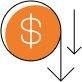 An orange circle with a white dollar sign inside and a black arrow pointing downward, representing a decrease in money or financial value.