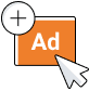 An icon shows an orange rectangle with Ad written in white, a black outlined cursor clicking it, and a circle with a plus symbol in the upper left corner.