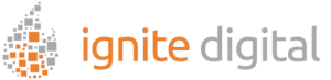 Logo for ignite digital featuring an abstract flame design on the left in orange and gray, with the words ignite in orange and digital in gray on a black background.