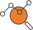 An icon of an orange magnifying glass overlapping a black line graph with three connected white points, representing data analysis or search for insights.
