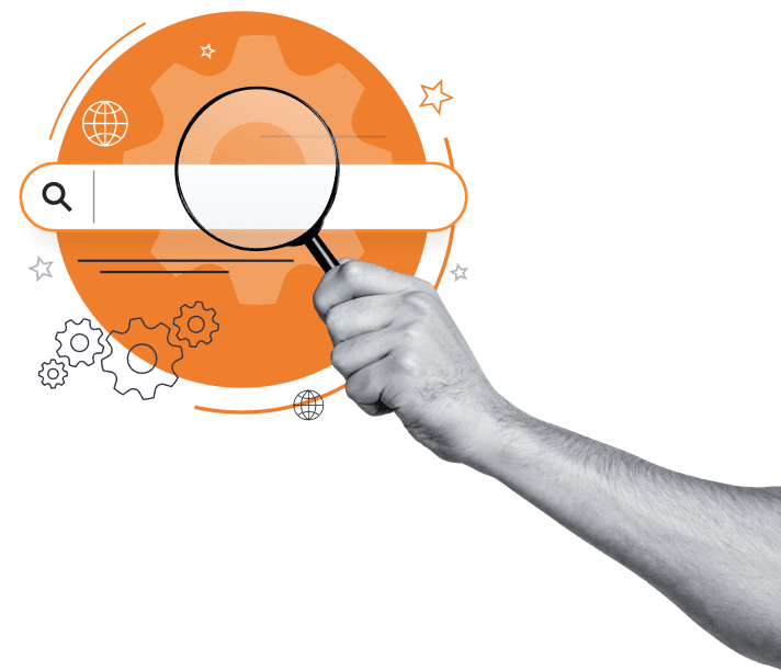 A hand holds a magnifying glass over a search bar, with an orange circle, gear, and internet-related icons in the background, representing the concept of searching or online research.