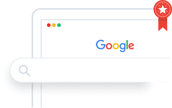 Illustration of a web browser window with the Google search page open and a red ribbon with a white star in the top right corner. A large search bar is shown in the foreground.