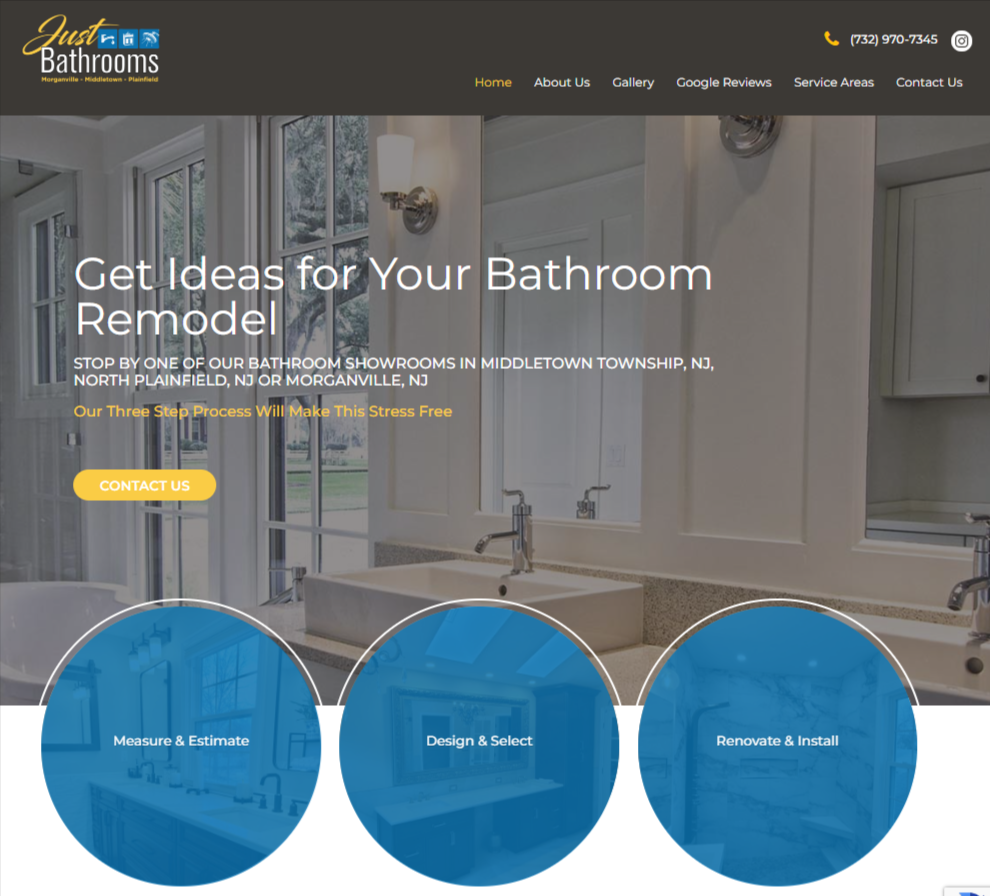 A website homepage for Just Bathrooms featuring a large bathroom image, text inviting users to get bathroom remodel ideas, contact button, and three service options: Measure & Estimate, Design & Select, and Renovate & Install.