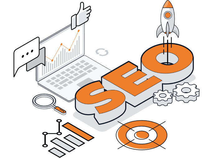 Illustration of the word SEO with orange and gray accents, surrounded by a laptop showing a graph, a magnifying glass, gears, a rocket, chat bubble, chart bars, and a target, symbolizing digital marketing concepts.