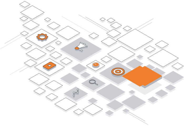 An abstract illustration of overlapping squares and rectangles in gray, white, and orange, featuring icons such as a gear, megaphone, target, magnifying glass, and graph.