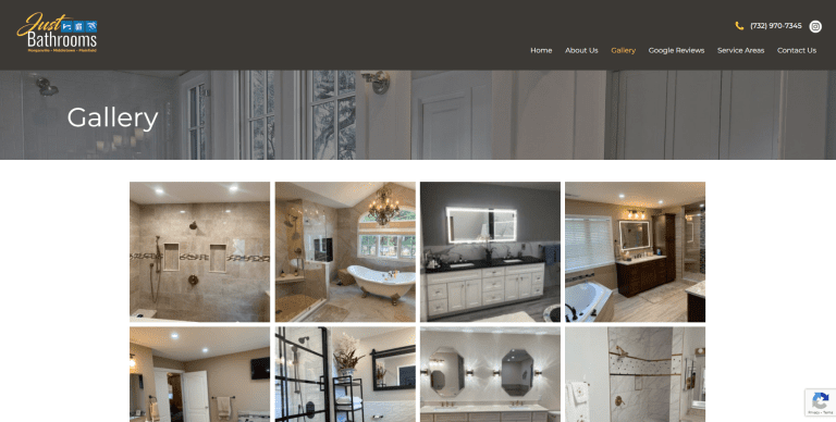 Screenshot of a website gallery page for Just Bathrooms, showing a grid of various bathroom remodel photos, including showers, bathtubs, sinks, and vanities, with a navigation menu at the top.