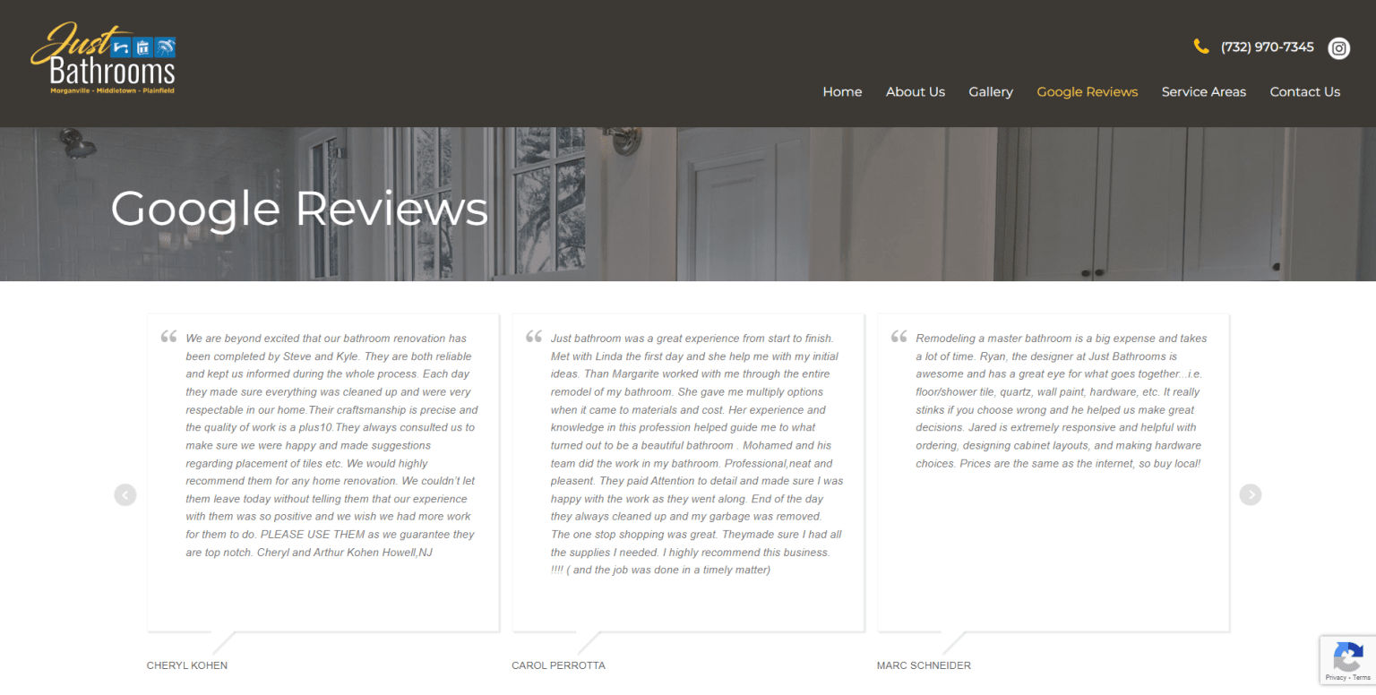 Screenshot of the Just Bathrooms websites Google Reviews page, showing three customer testimonial boxes with quotes, names, and a navigation menu at the top beside the company’s logo and phone number.