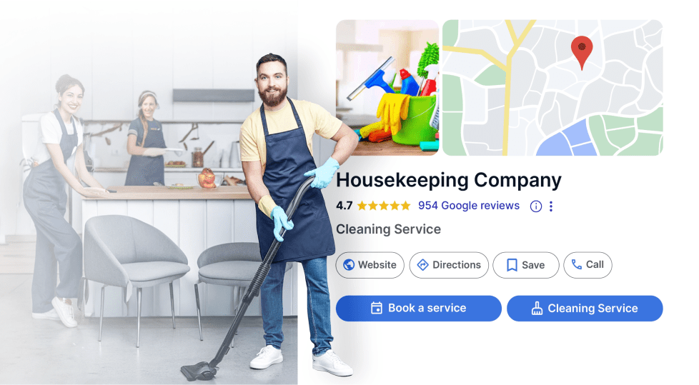 Three smiling people in cleaning uniforms stand in a modern kitchen. A man vacuums the floor. On the right, theres a map, cleaning supplies, company details, star rating, and service booking options.