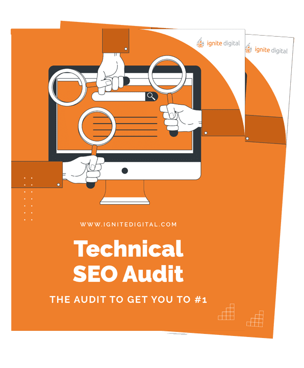 An orange flyer for a Technical SEO Audit by Ignite Digital, featuring hands holding magnifying glasses examining a computer monitor, with the tagline The audit to get you to #1.
