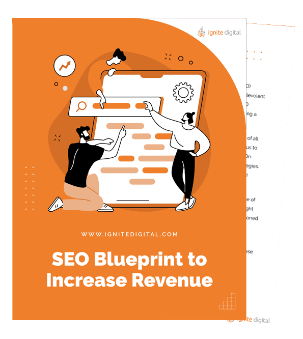 An illustrated cover shows two people interacting with a large web page graphic, surrounded by search and graph icons. The text reads: SEO Blueprint to Increase Revenue. The background is orange with white accents.