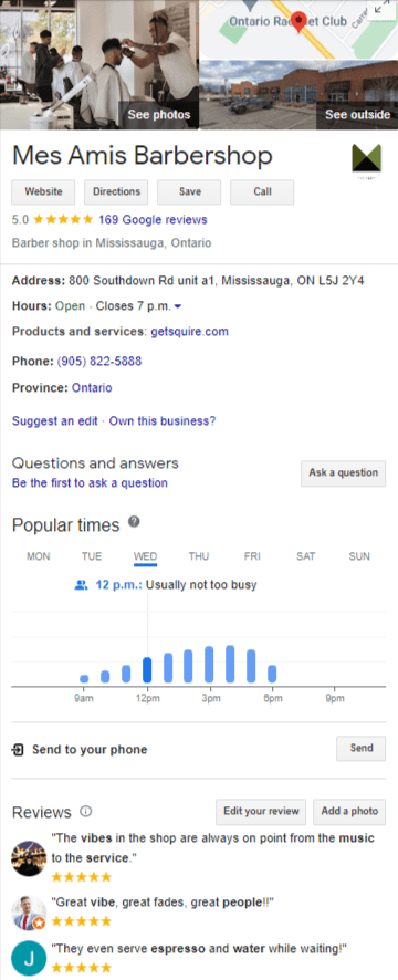 Google business listing for Mes Amis Barbershop in Mississauga, Ontario, showing photos, address, hours, phone number, popular visit times, customer reviews, and a 5-star rating based on 169 Google reviews.