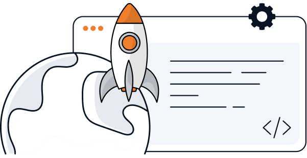 Illustration of a rocket launching from a stylized globe, with a rectangular window featuring text lines, a gear icon, and code brackets, suggesting themes of technology, coding, or innovation.