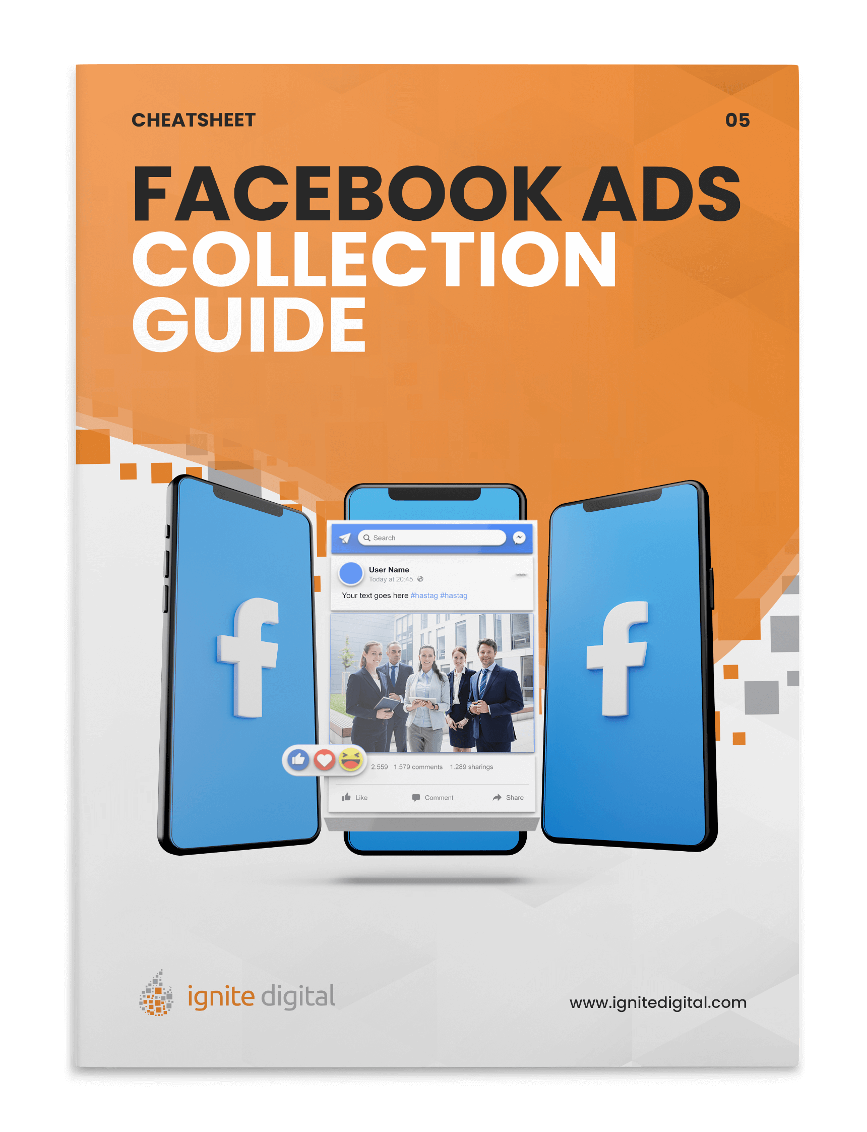 Cover of a guide titled Facebook Ads Collection Guide with three smartphones displaying Facebook logos and a Facebook post on the center screen. The background features an orange and white geometric design.