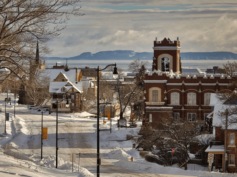 A snowy city street lined with historic brick buildings and houses, with snow-covered trees and distant mesas visible under a cloudy sky.