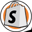 A shopping bag icon with a large black letter S in the center, outlined by an orange circle.