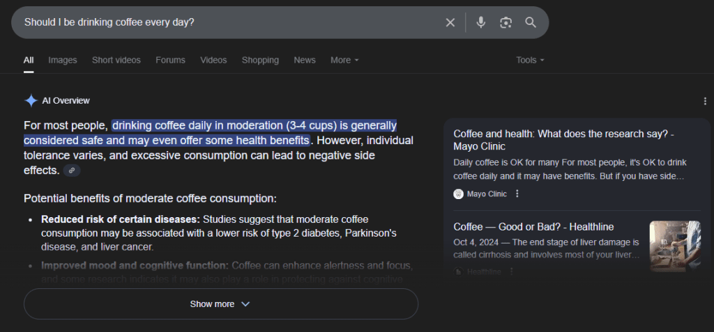 Google AI Overview should I be drinking coffee daily